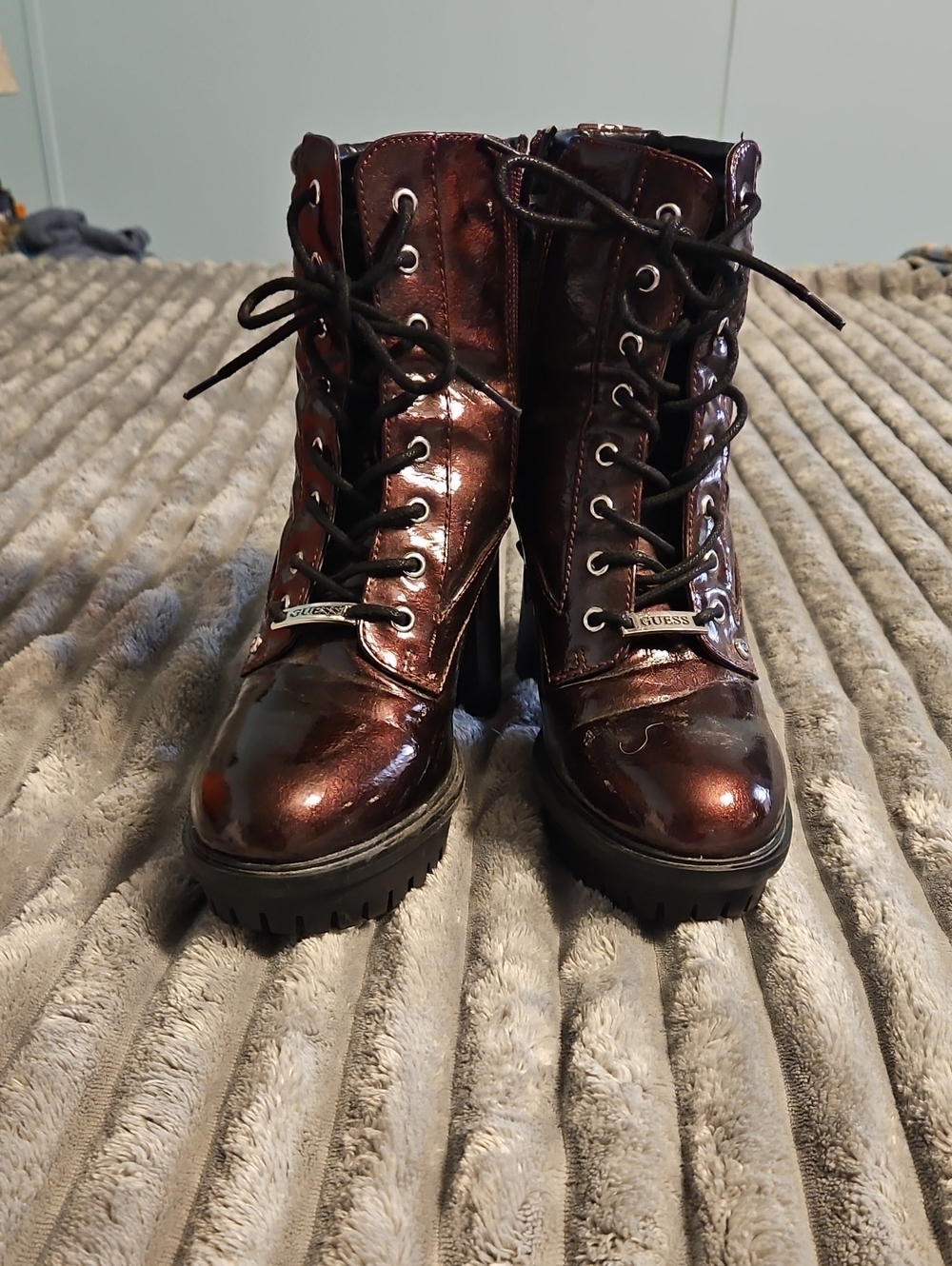 GUESS Women's Lace-Up Patent Combat Boots - Metallic Burgundy